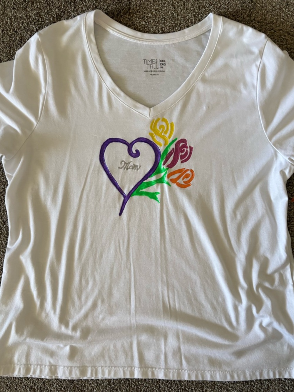 Time and Tru White V-Neck Tee with Purple Heart and Multicolor Floral Accent